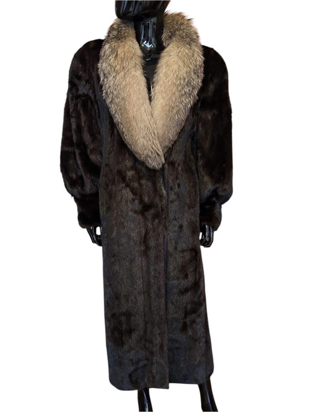 Black ranch mink fur coat with silver fox coat full length